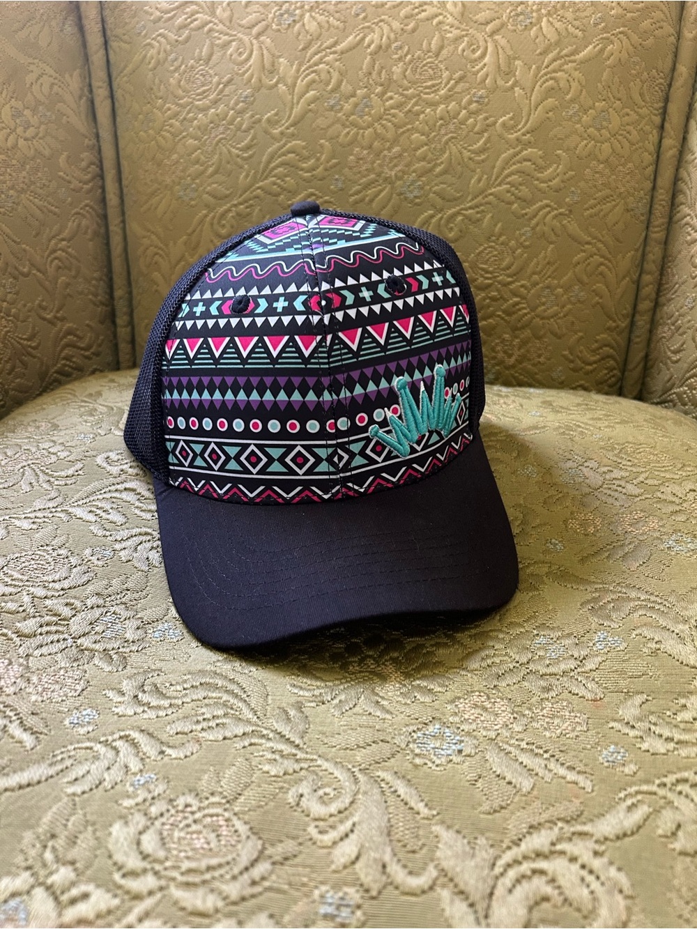 Womens ball Cap with Pink & Teal Aztec print